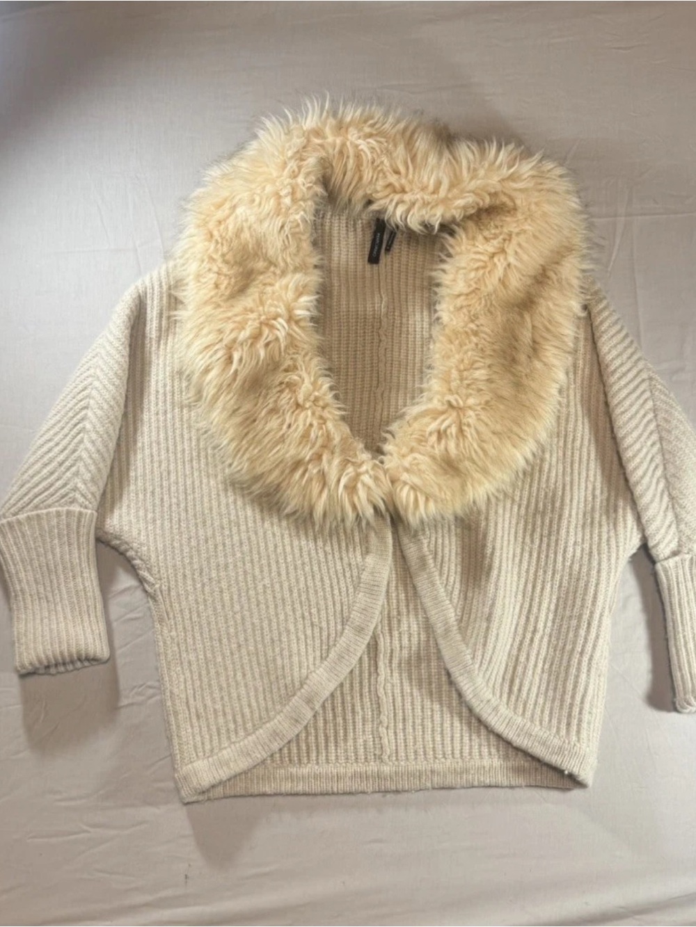 Marciano Cream Ribbed Cardigan with Faux-Fur Collar